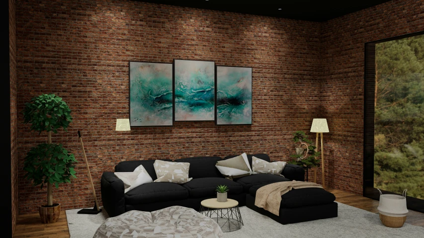 the living room has two black couches and a large painting