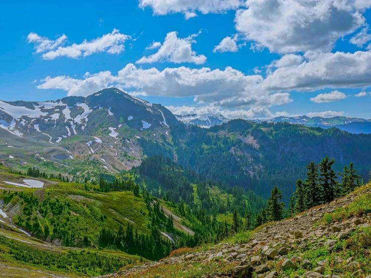 some mountains and trees are under a blue cloudy sky