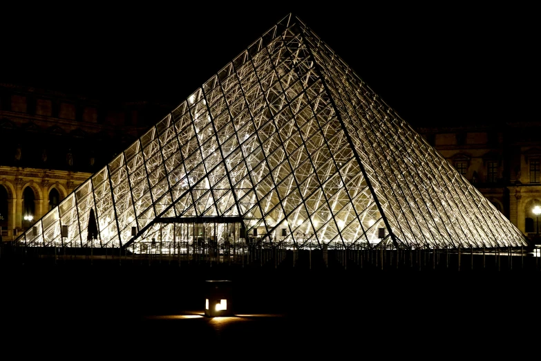 the pyramid at night has lit up its lights