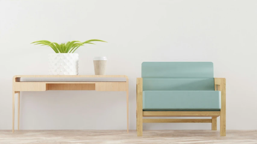 an up - cycle table next to a green chair and potted plant