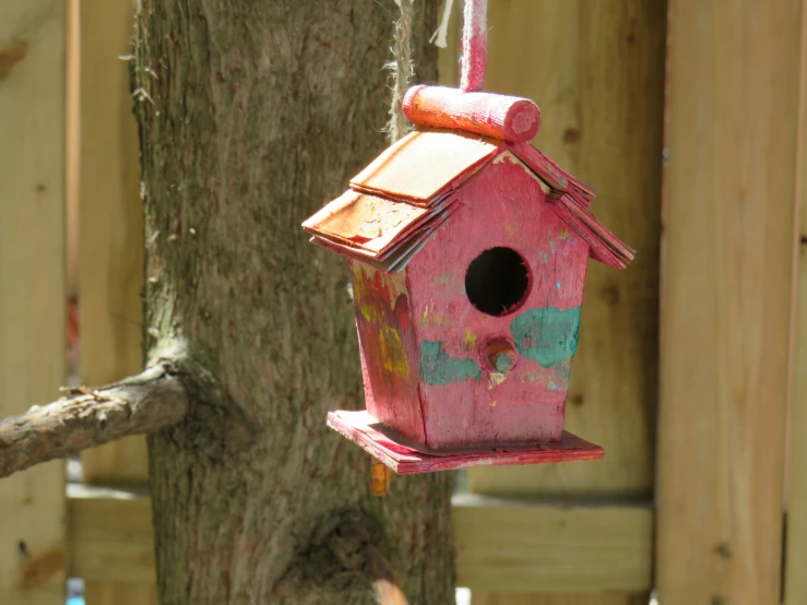 a bird house hanging from a tree next to a wooden fence