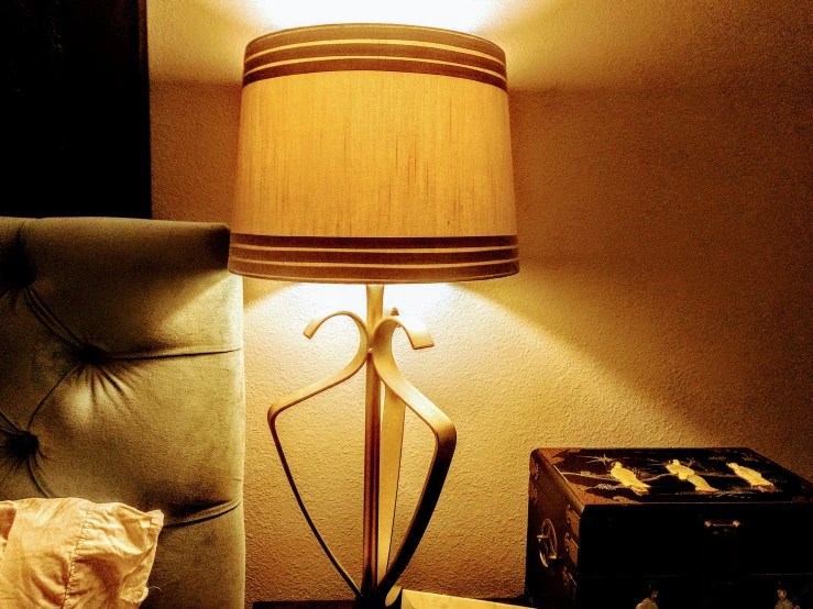 the lamp is in front of the small brown box