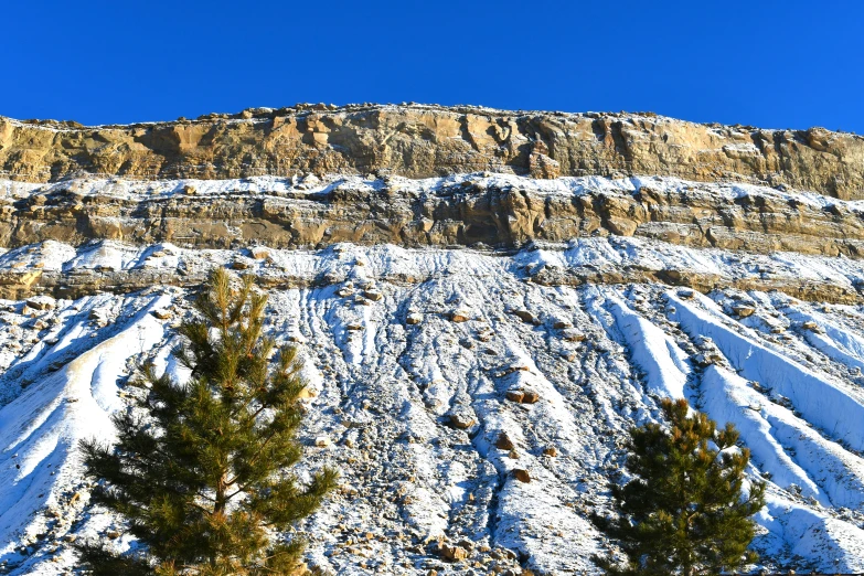 trees and the tops of cliffs are covered with snow