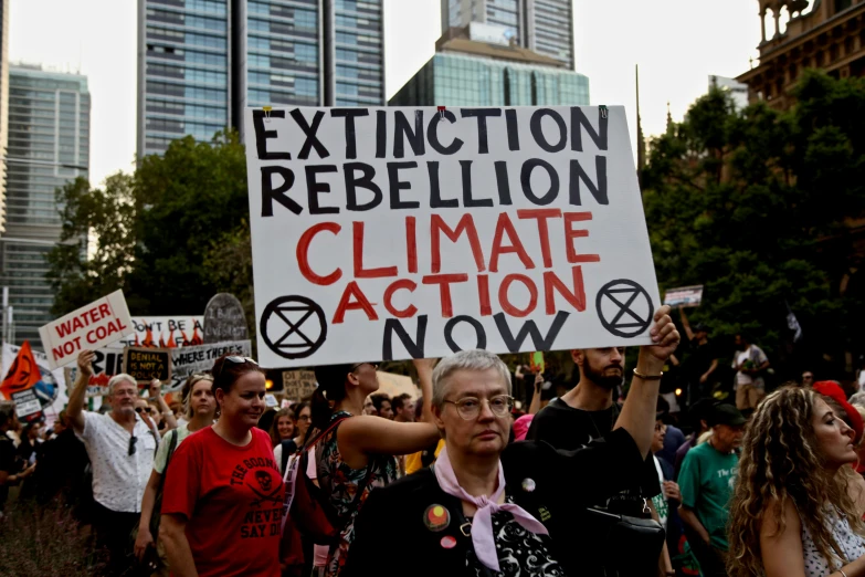 a group of people holding protest signs in the street