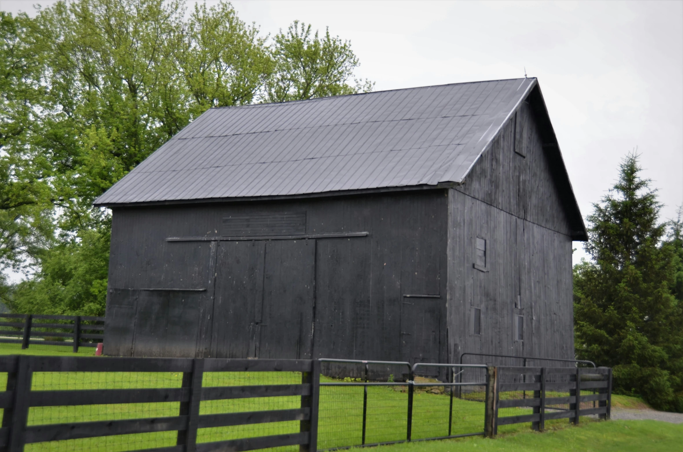 a black barn sits on the grass in a fenced pasture