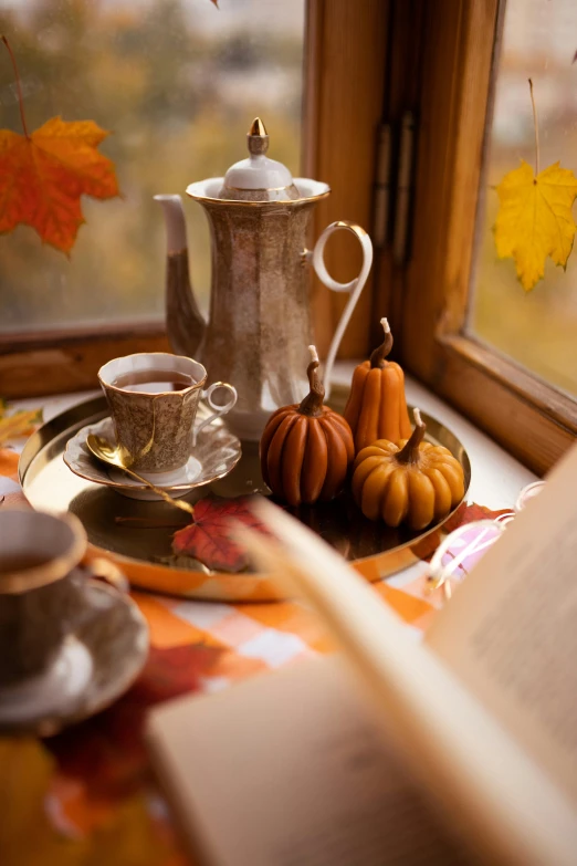 there is an open book with tea set and cups sitting on a tray