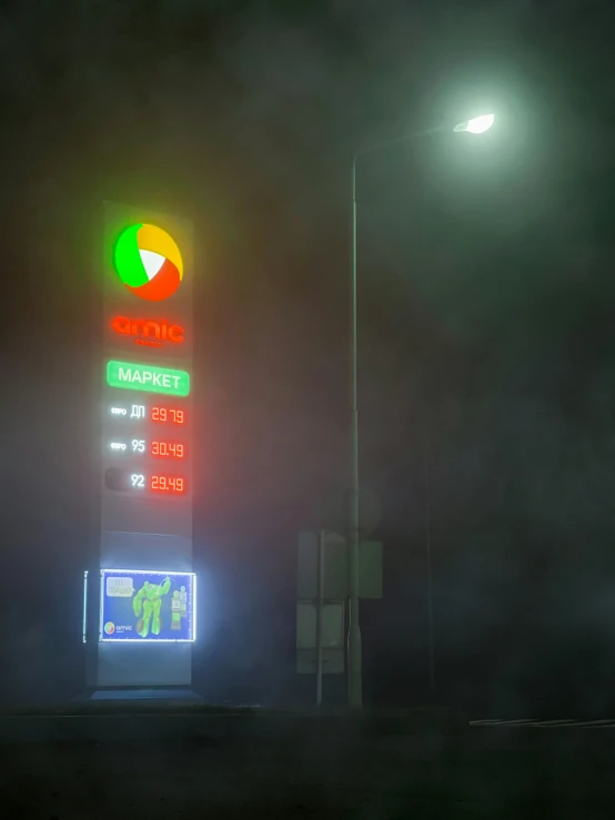 a red white and green sign sitting under a traffic light