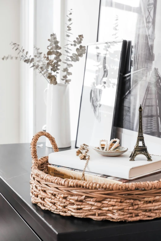 an arrangement of items is sitting on top of a desk