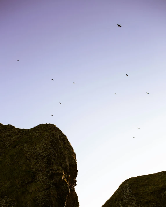 the formation of birds is flying across the sky