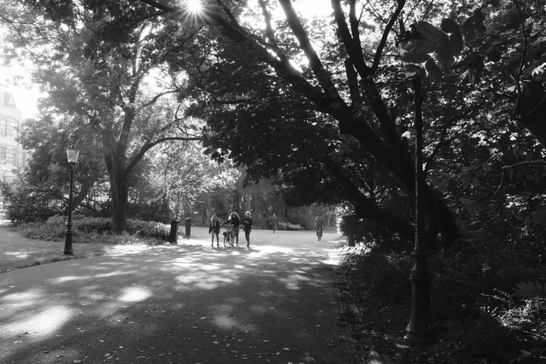 black and white pograph of people walking along park path