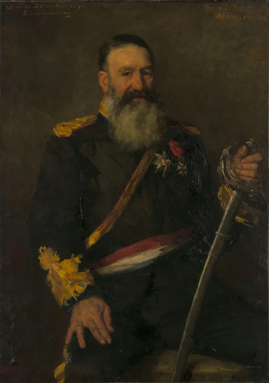 an oil painting of a man in military clothes holding a sword