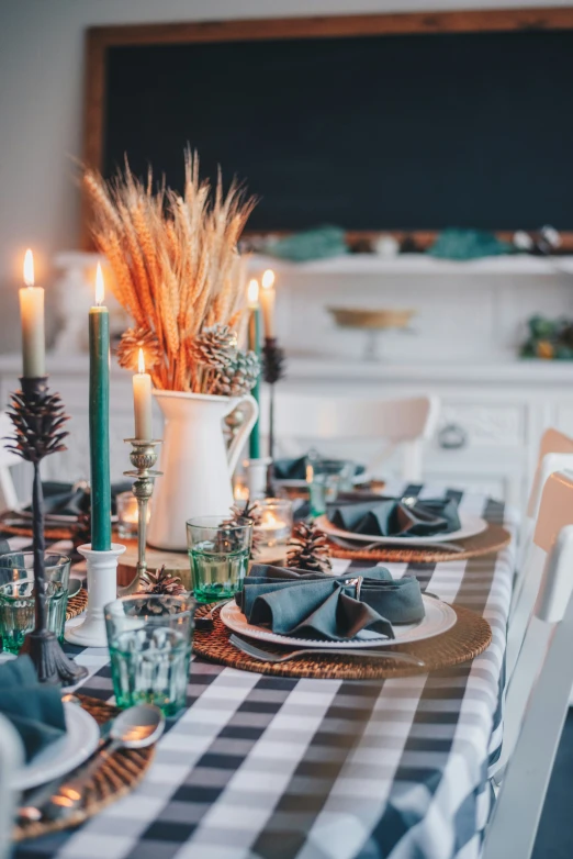 a black and white checkered table cloth is featured in a dining room