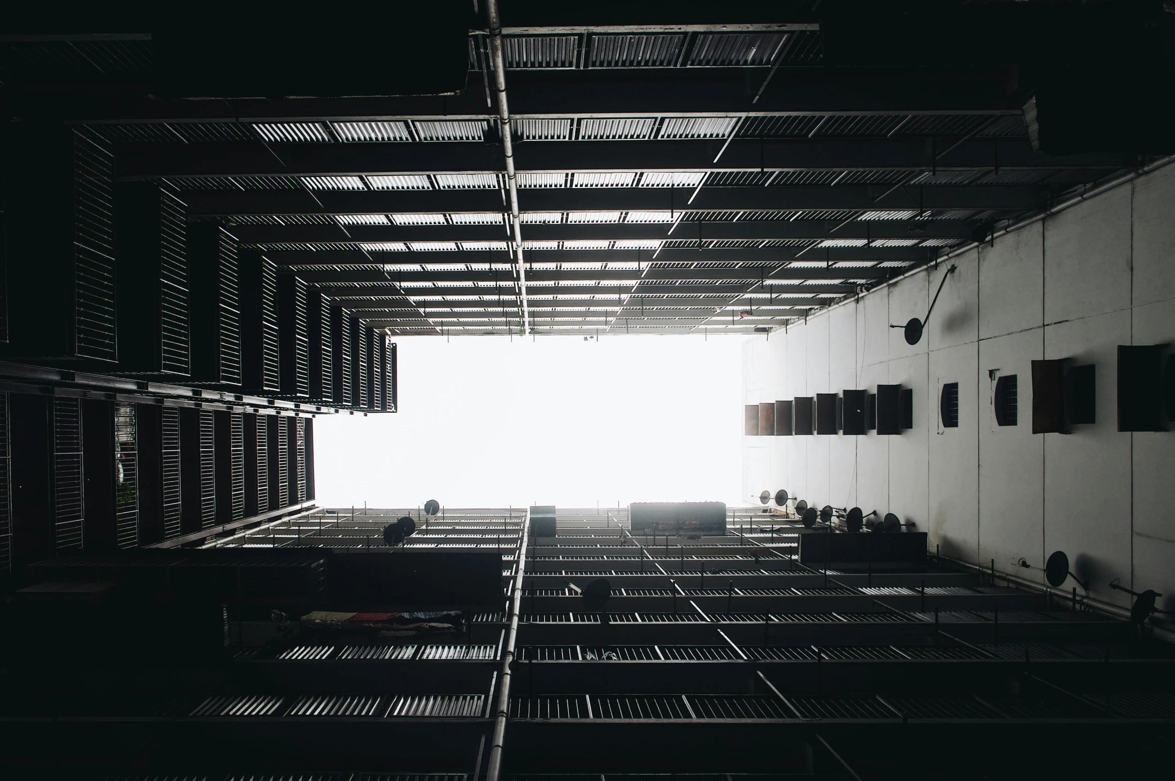 a large warehouse in a black and white po