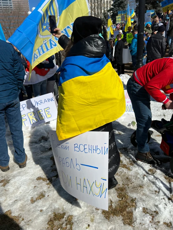 people holding flags and placards stand in the snow