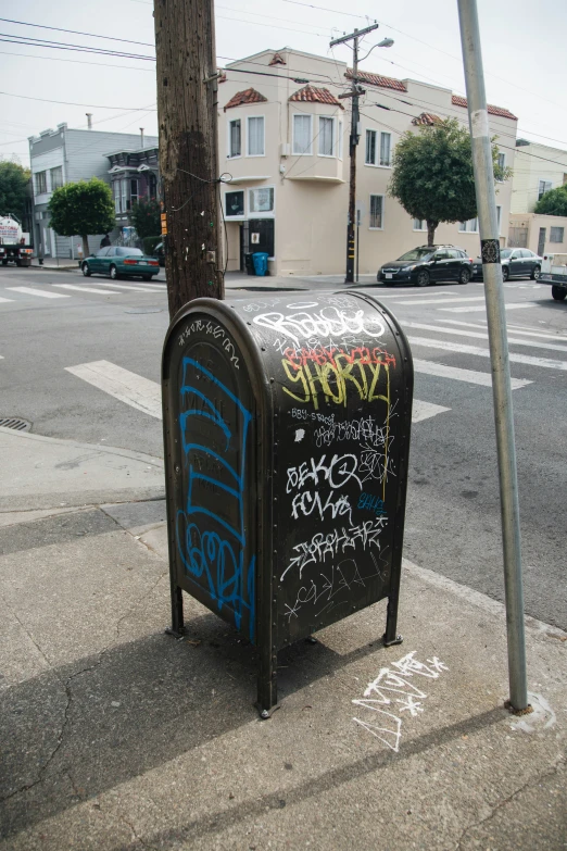 mail box with graffitti written on it next to a street