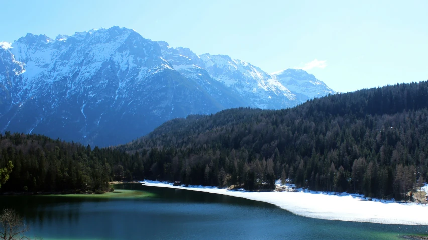 a mountain landscape with some snow covered trees