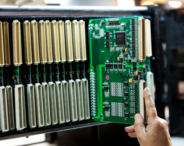 the cpu chip being held up to a large rack