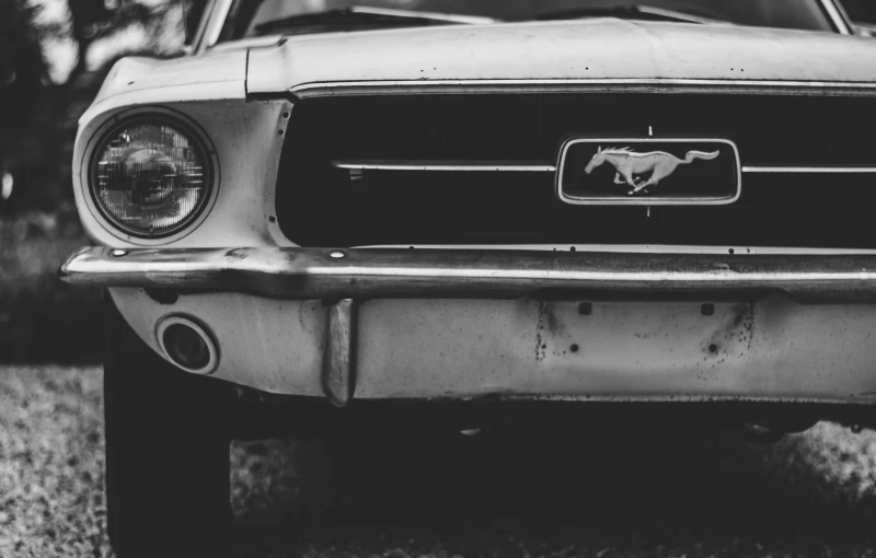 an old mustang sits alone in the grass