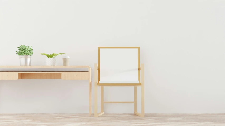 a white desk with a chair and plant on top