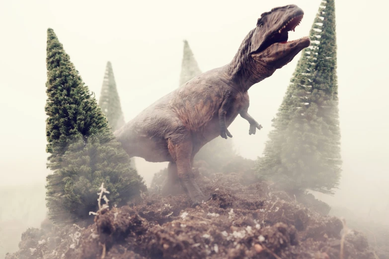 a dinosaur that is standing in the dirt