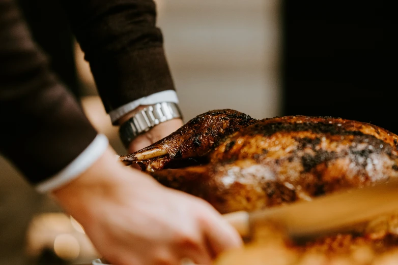 a close up of a person holding a turkey