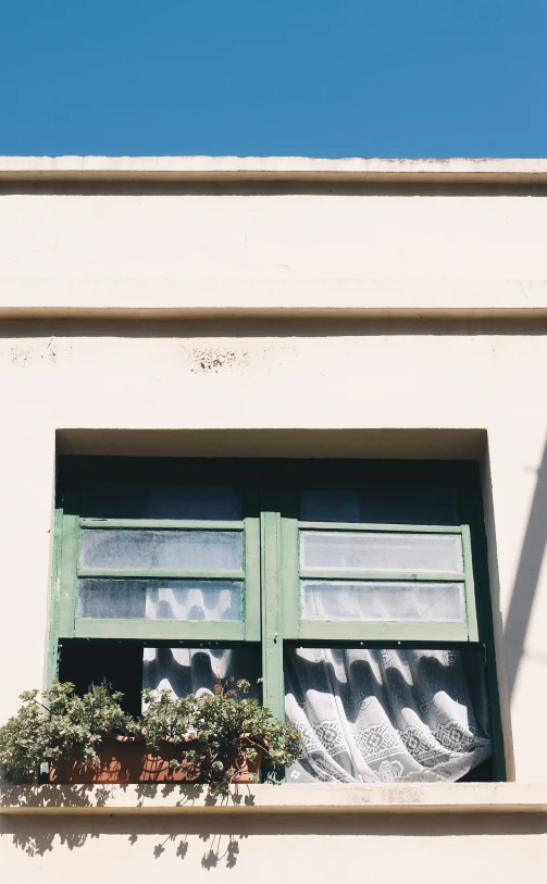 the window with planters is next to the building