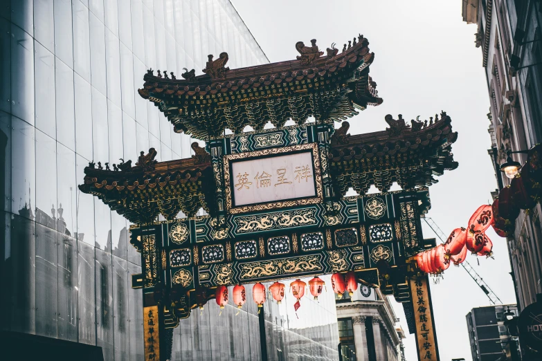 the oriental gate that hangs next to the building