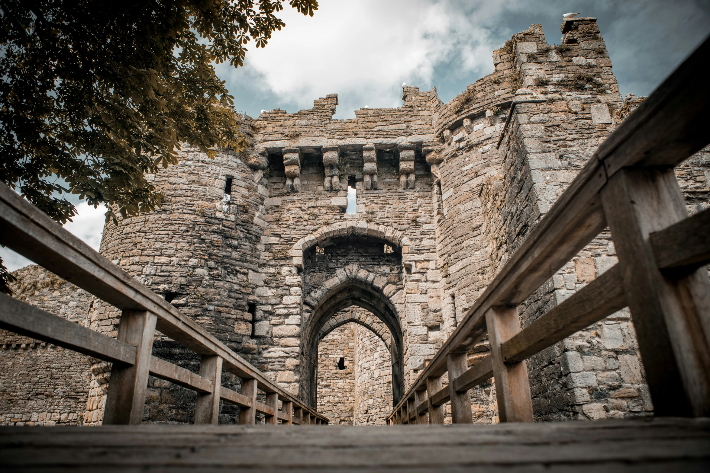 the back of a castle with a wooden gate
