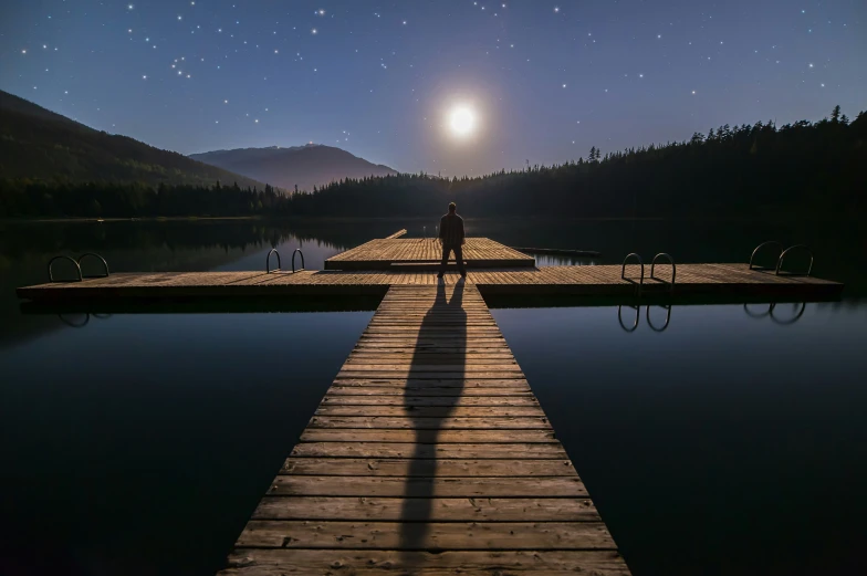 a person standing on a pier under the moon