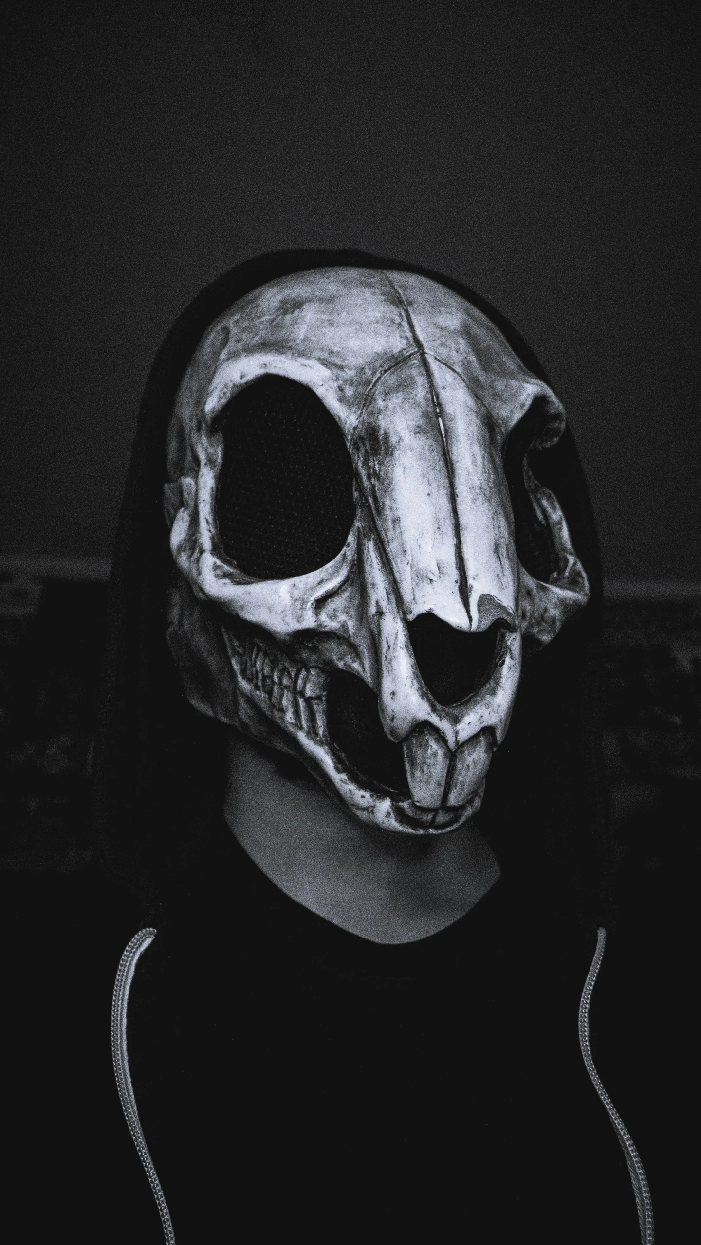 a black and white pograph of a skeleton wearing a sweatshirt