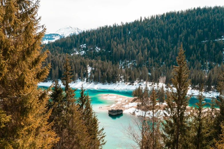 a river in the mountains with trees lining it