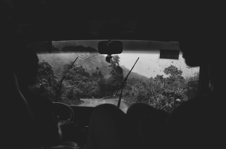 black and white image from inside a bus