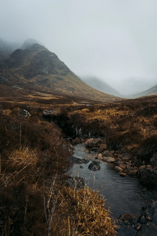 a stream running between hills and grass