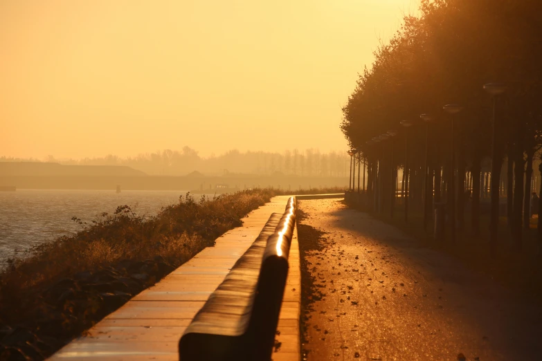 there is a long yellow line of benches along this side of the ocean