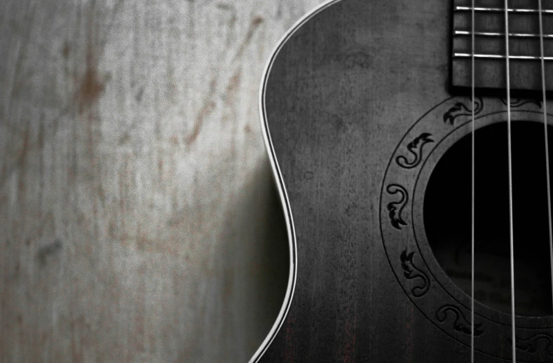 an acoustic guitar with a black fret on it