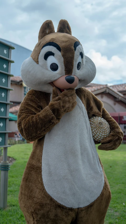 a person in a squirrel costume is holding a soccer ball