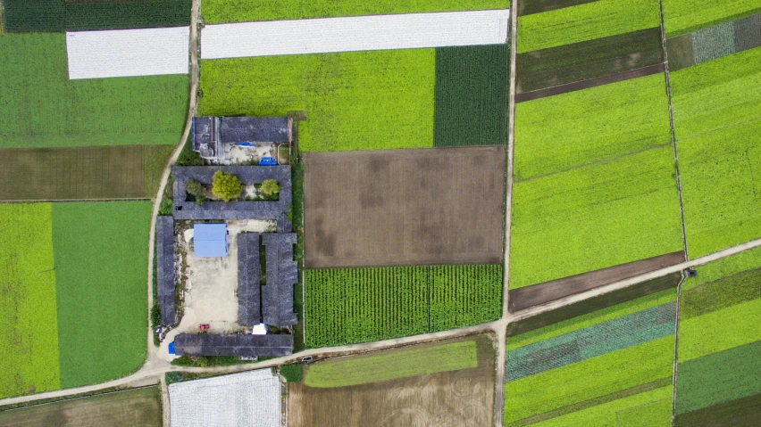 an aerial view of a farm field with two farm houses