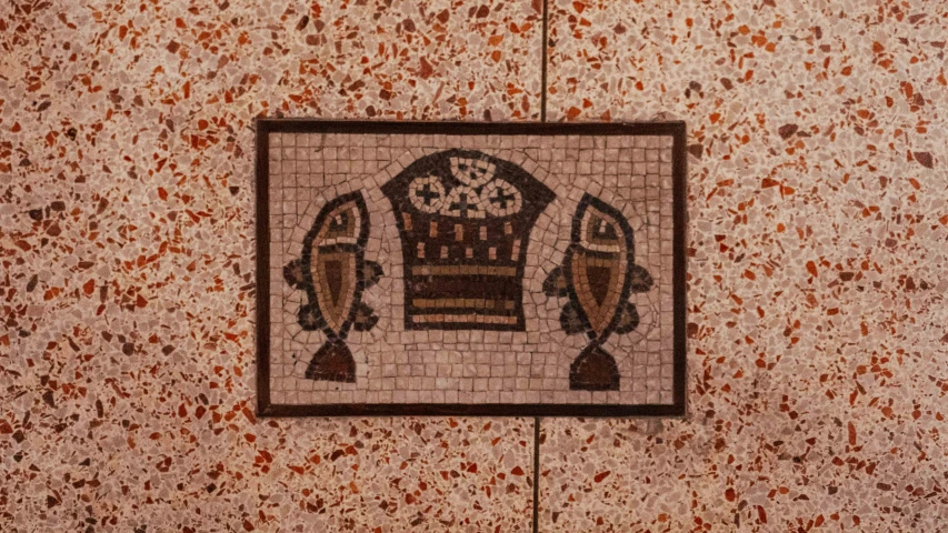 a painting depicting an old clock in a tile design