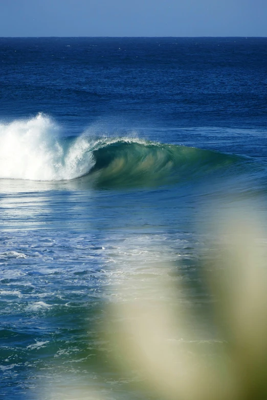 a surfer is riding the crest of a wave