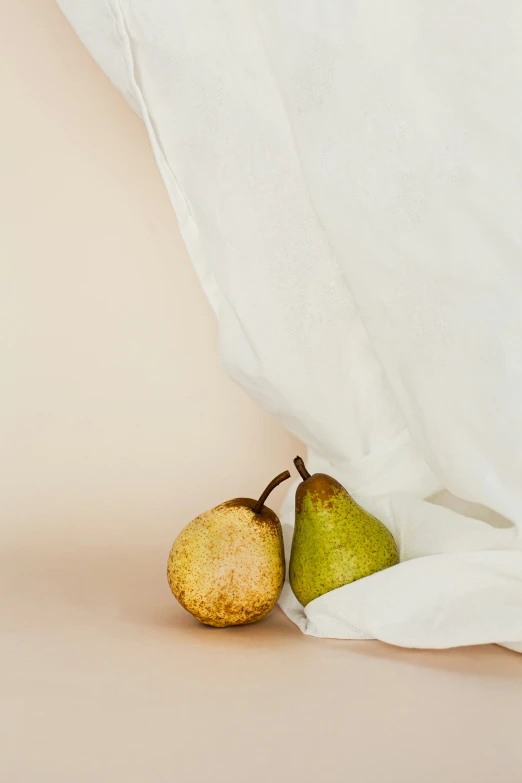 two pears on a cloth under a d