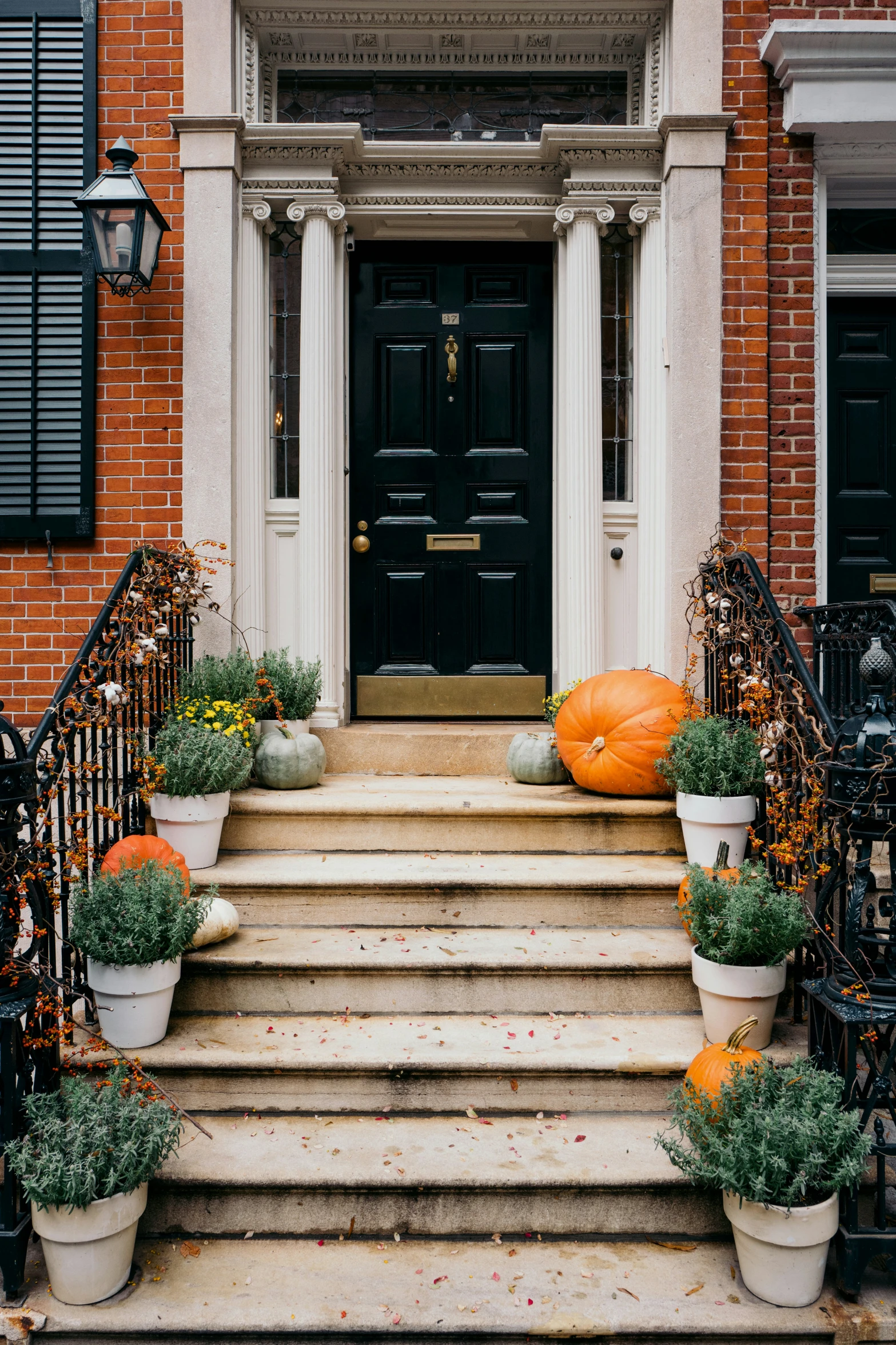 the front entrance of an apartment building decorated with potted plants and pumpkins