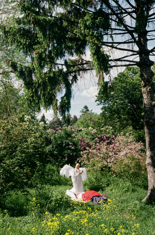 the white statue is sitting in the grass