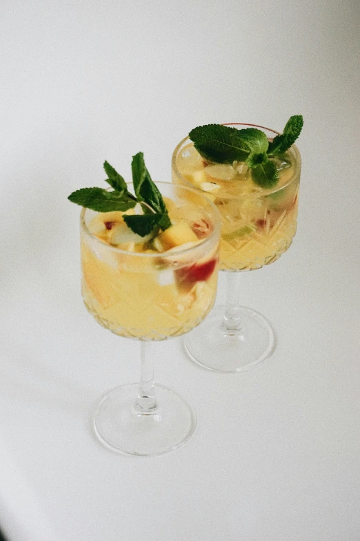 two glasses with wine and green herbs sit on a white table