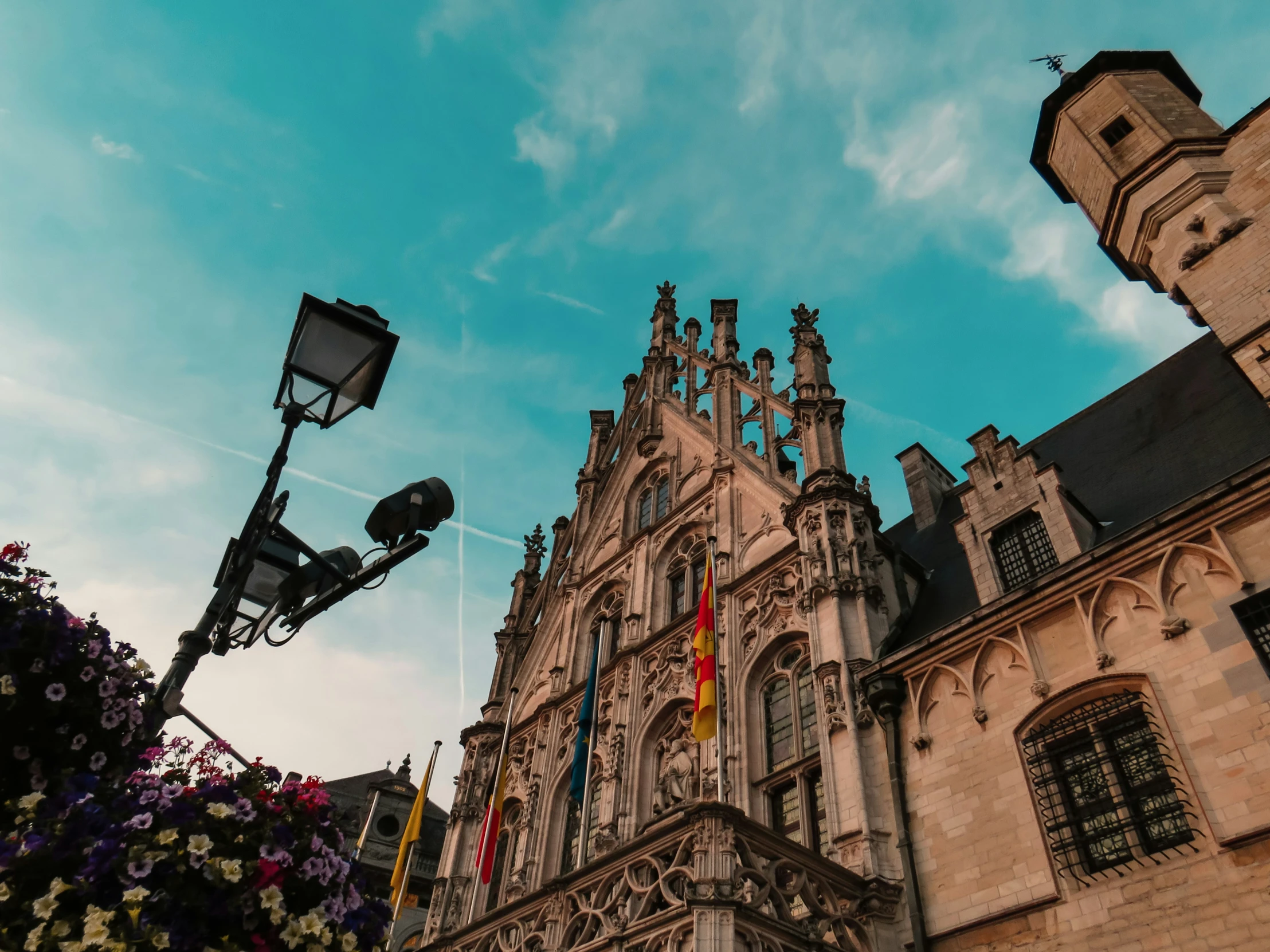 a castle like building under a blue sky with flowers