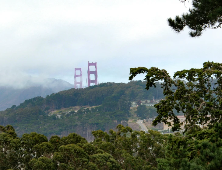 a picture of the golden gate bridge over a mountain