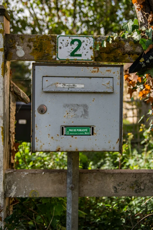 an old mailbox sits in the woods with some rust