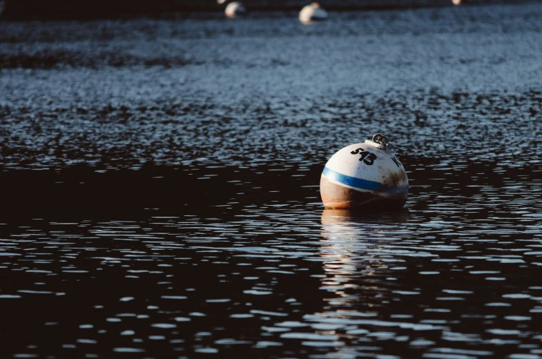 there is a blue and white ball submerged in the water