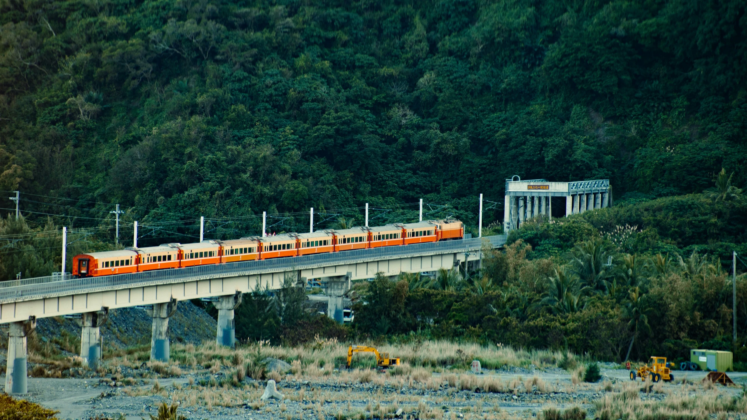 a train traveling over a bridge over some trees