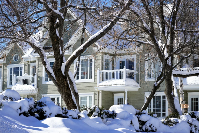 a house on the side of a snowy hill with trees and bushes