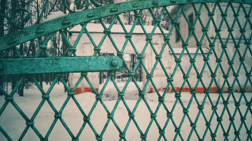 a green gate that is near some snow